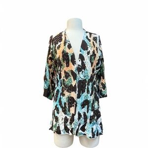 Alberto Makali Teal Black Cream Abstract Print Light Weight Cardigan 3/4 Top